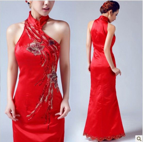 Red Satin Lace Ankle Length Cheongsam Wedding Dresses_1_1.jpg